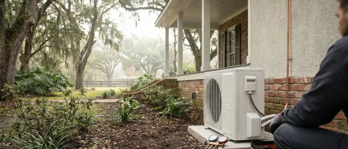 Professional HVAC technician servicing a split-system air conditioner outside a residential home in Baton Rouge, LA
