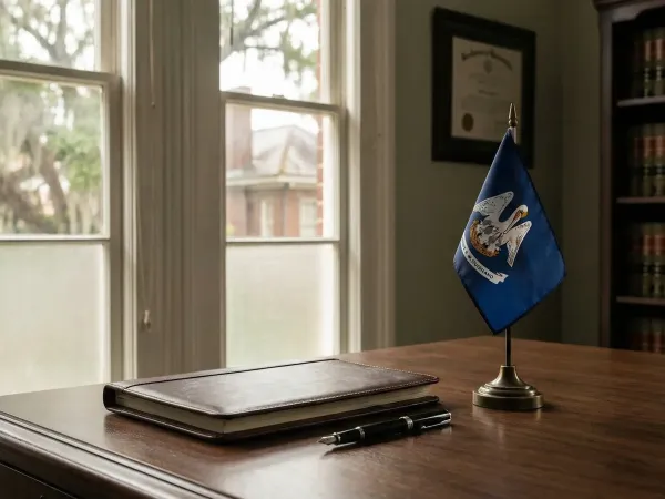 Professional law office interior with legal documents and Louisiana state flag in Baton Rouge, LA