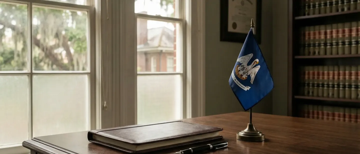 Professional law office interior with legal documents and Louisiana state flag in Baton Rouge, LA