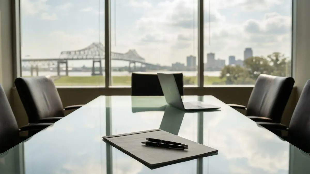 Professional law office interior with legal documents and Louisiana state flag in Baton Rouge, LA