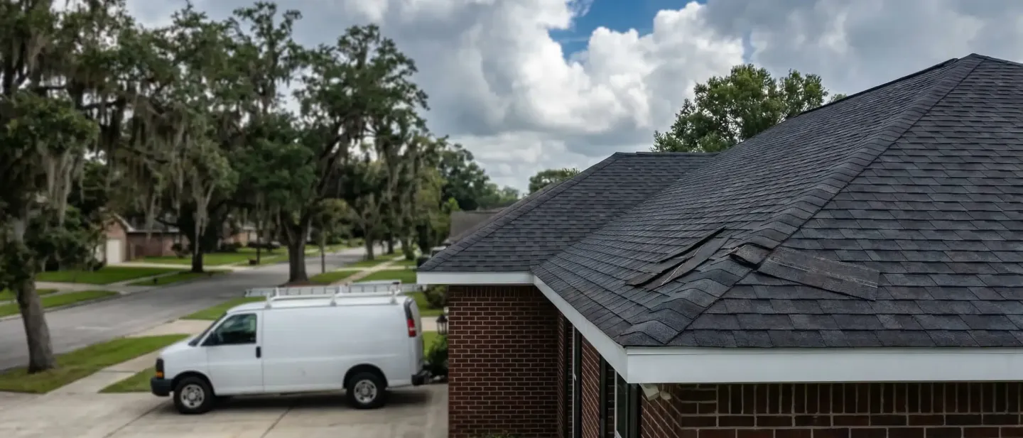 Roofing contractor inspecting storm damage on a residential home in Baton Rouge, LA with live oak trees in the background