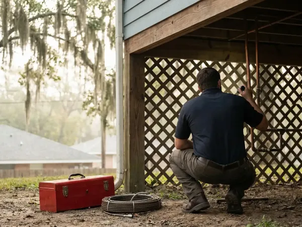 Professional plumber inspecting under-slab pipes at a Baton Rouge residential property, with live oak trees and subtropical landscaping visible in the background.