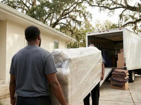 Professional moving crew loading furniture onto a branded moving truck in front of a Baton Rouge suburban home, with live oak trees and Spanish moss visible along the street.