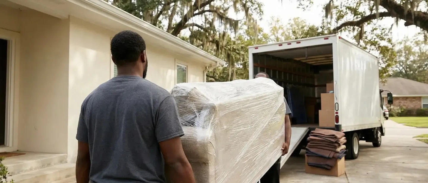 Professional moving crew loading furniture onto a branded moving truck in front of a Baton Rouge suburban home, with live oak trees and Spanish moss visible along the street.
