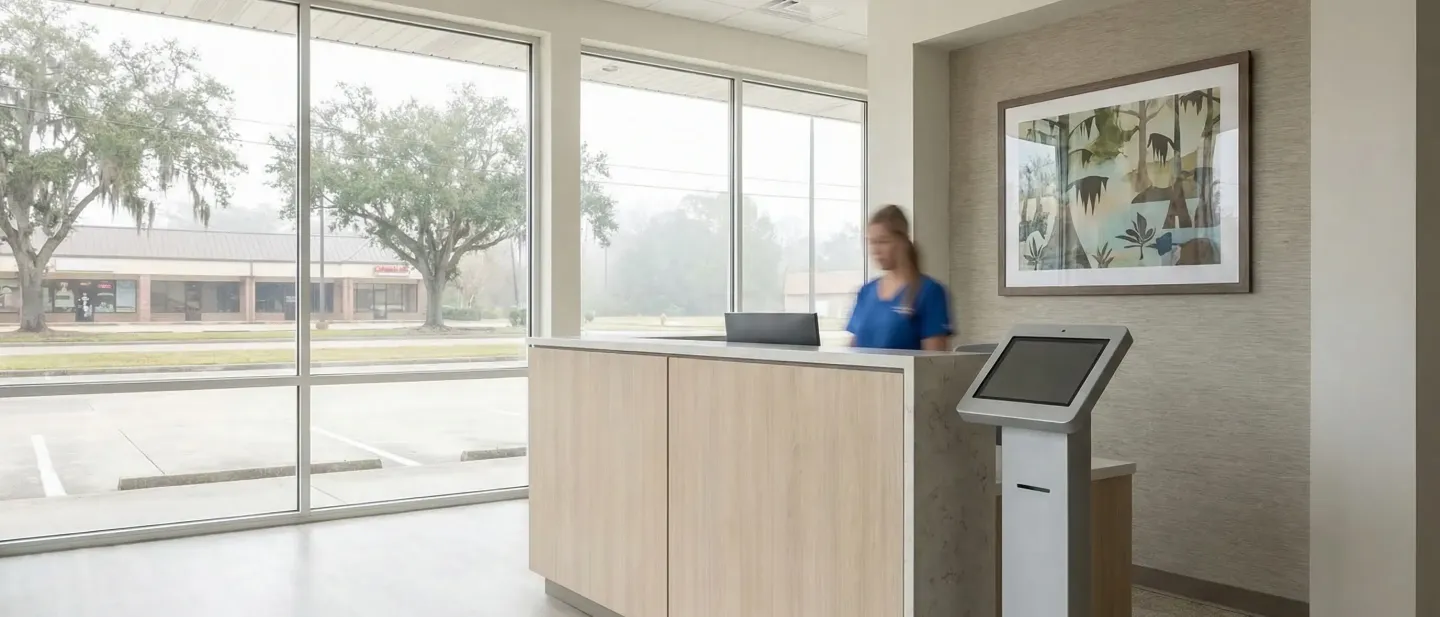 Professional physician in a white coat consulting with a patient in a clean, modern Baton Rouge clinic exam room, with a window showing a flat Louisiana suburban streetscape outside.