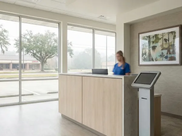 Professional physician in a white coat consulting with a patient in a clean, modern Baton Rouge clinic exam room, with a window showing a flat Louisiana suburban streetscape outside.