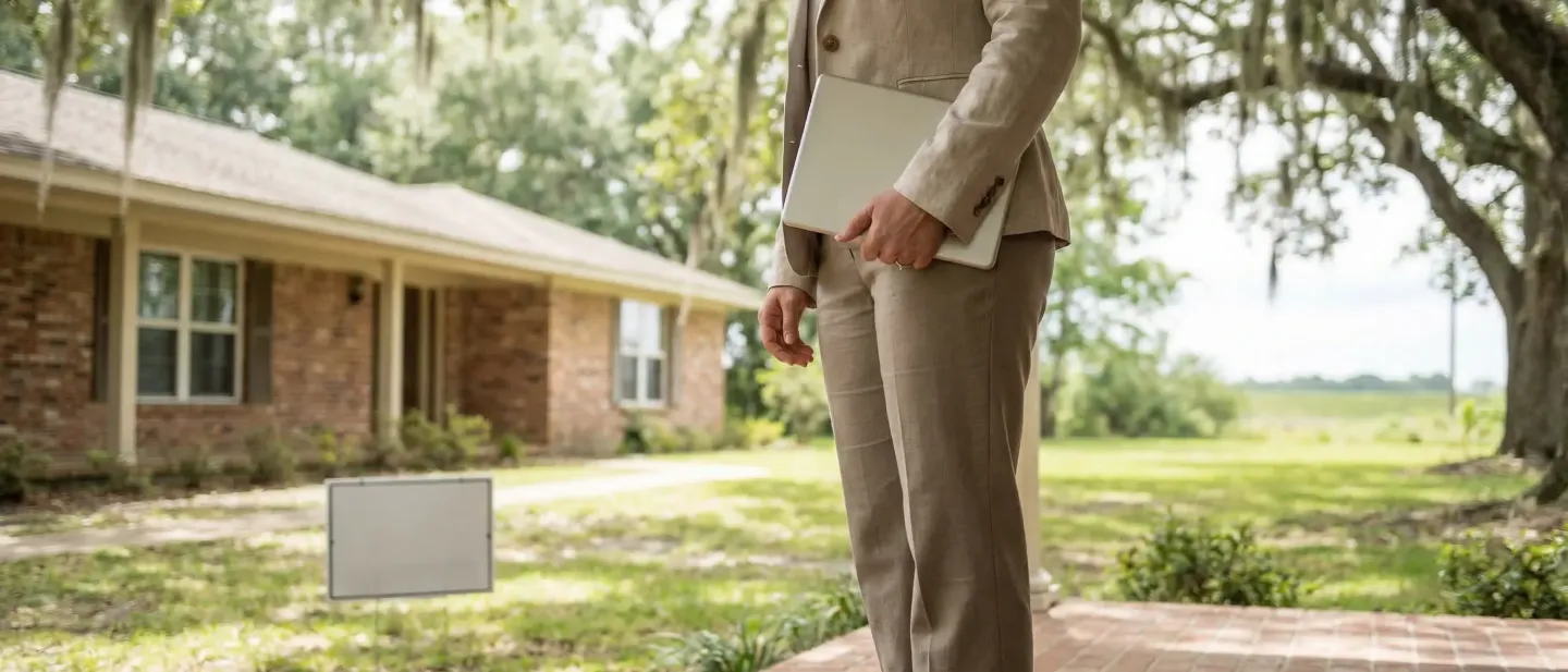 Baton Rouge real estate agent standing on the front porch of a brick ranch home in a suburban neighborhood, with mature live oak trees, Spanish moss, and a For Sale sign in the yard.