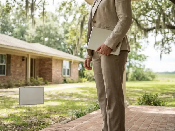 Baton Rouge real estate agent standing on the front porch of a brick ranch home in a suburban neighborhood, with mature live oak trees, Spanish moss, and a For Sale sign in the yard.