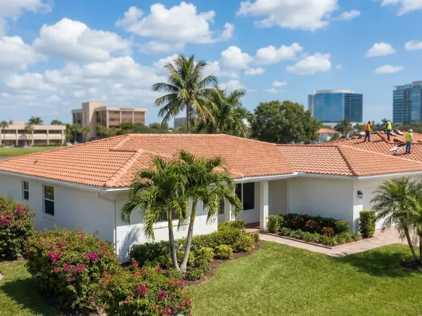 Roofing contractor inspecting a residential tile roof in West Palm Beach, FL