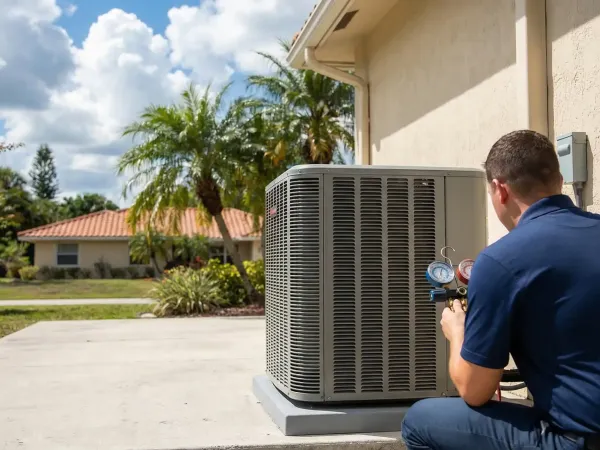 HVAC technician servicing an AC unit outside a home in West Palm Beach, FL