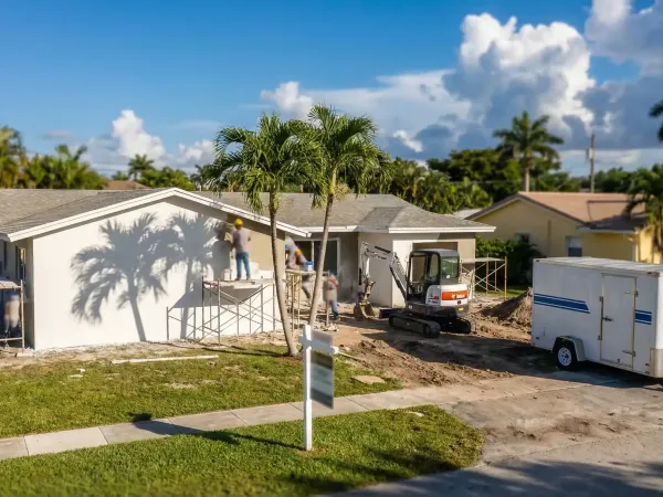 Construction contractor reviewing renovation plans at a West Palm Beach home project site, FL