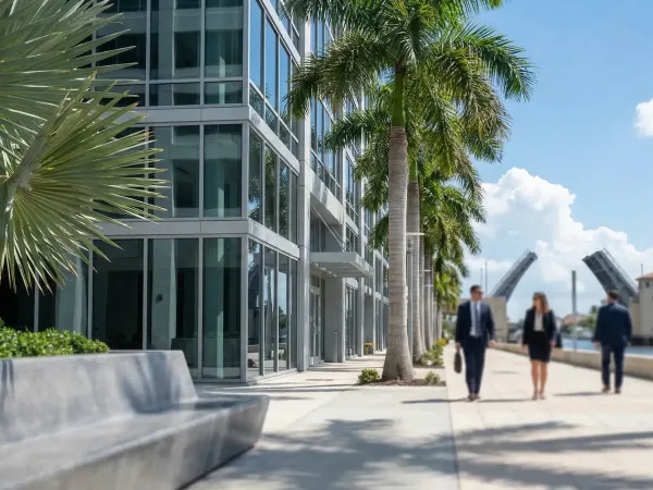 Financial advisor consulting with a client couple at a professional office in West Palm Beach, FL
