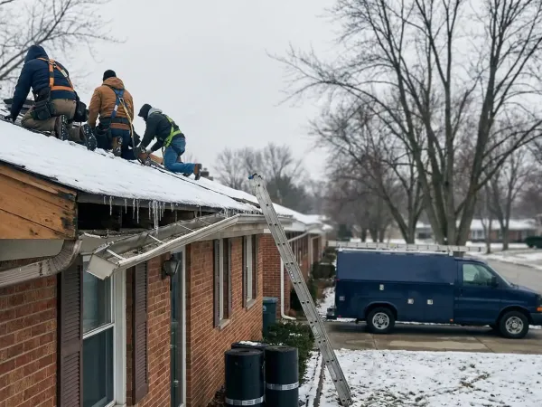 Professional roofing contractor inspecting storm damage on a residential roof in Toledo, OH