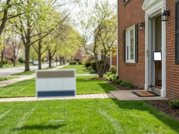 Real estate agent meeting with homebuyers on the front steps of a brick home for sale in Toledo, OH