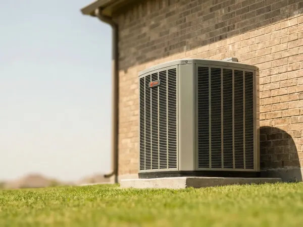 Professional HVAC technician servicing an outdoor AC condenser unit at a brick home in Plano, TX