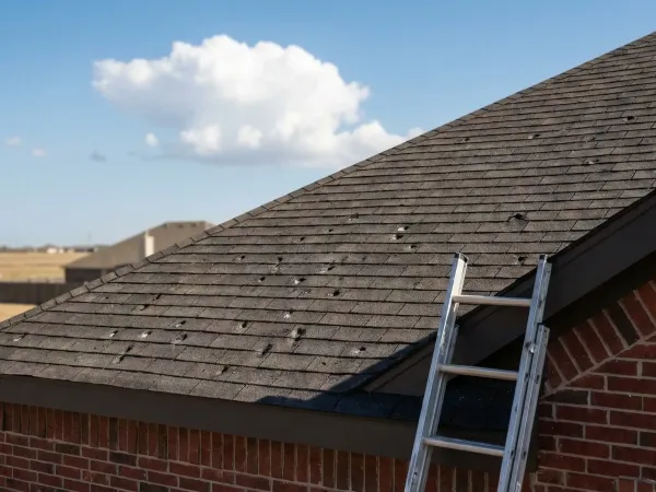 Professional roofing contractor inspecting hail damage on a residential roof in Plano, TX with suburban landscape visible