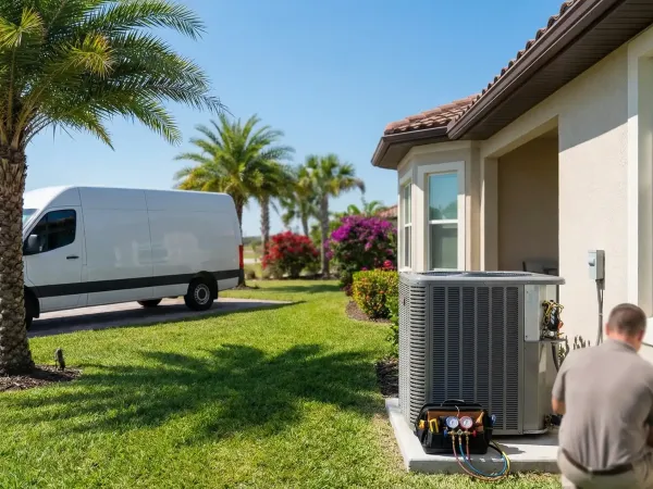 Professional HVAC technician inspecting rooftop AC condenser unit on a Florida home in Fort Myers, FL