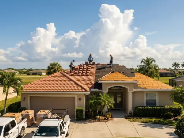 Professional roofing crew installing tile roof on a Florida home in Fort Myers, FL after Hurricane Ian damage