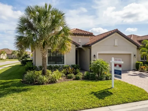 Professional real estate agent presenting a Fort Myers FL home listing to a couple in a modern Florida living room