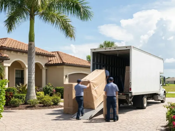 Professional moving crew loading furniture onto a truck in front of a Fort Myers FL residential home