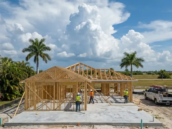 Construction crew working on a new residential build at an active job site in Fort Myers, FL