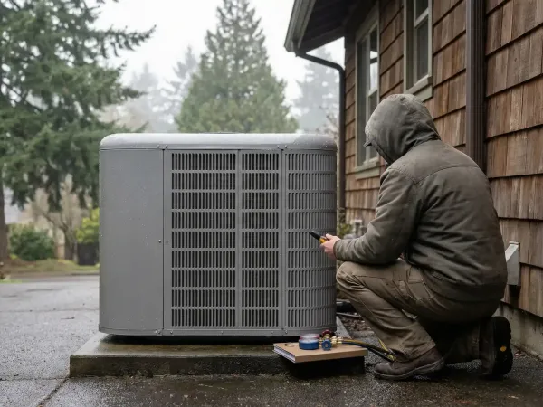 Professional HVAC technician servicing heat pump unit beside craftsman home in Eugene, OR