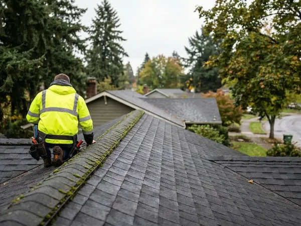 Professional roofing contractor inspecting moss-covered craftsman roof in Eugene, OR neighborhood