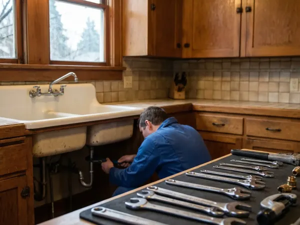 Licensed plumber working on pipes under kitchen sink in older craftsman home in Eugene, OR