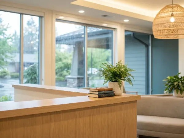 Friendly dental office reception area in Eugene, OR with natural light and welcoming staff