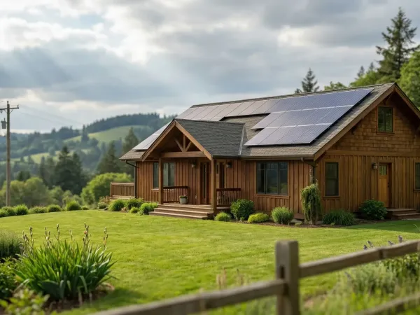 Solar panels installed on craftsman home roof with Eugene, OR green hillside backdrop and partly cloudy sky