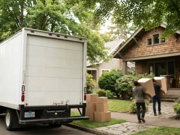 Professional movers loading truck in front of craftsman home in Eugene, OR with green tree canopy overhead