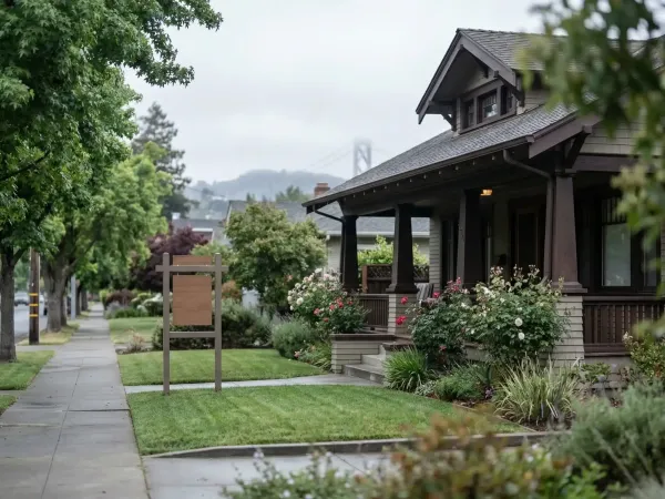 Professional real estate agent showing a Craftsman bungalow to buyers in the Rockridge neighborhood of Oakland, CA