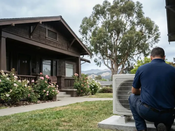 HVAC technician installing a ductless mini-split unit on a Craftsman bungalow in Oakland, CA