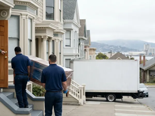 Professional moving crew loading a branded moving truck outside a Victorian flat in Oakland, CA