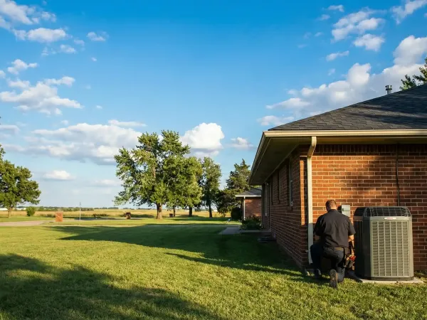 Professional HVAC technician servicing outdoor condenser unit at a brick ranch home in Wichita, KS
