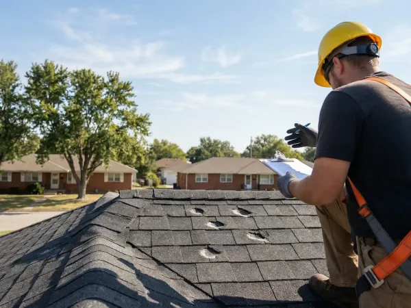 Roofing contractor inspecting hail damage on asphalt shingle roof at a residential home in Wichita, KS
