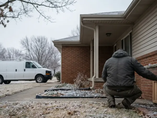 Plumber working on pipe repair in a crawl space of an older residential home in Wichita, KS