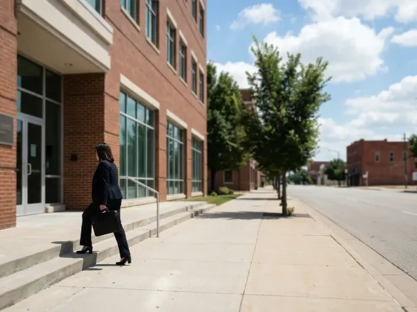 Professional attorney descending steps of a law office building on Douglas Avenue in downtown Wichita, KS