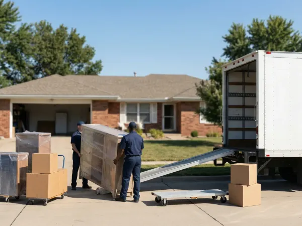 Two uniformed movers carefully carrying furniture through the front door of a suburban Wichita home with professional equipment visible