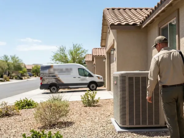 Professional HVAC technician servicing a residential AC condenser unit in Henderson, NV with desert landscape background