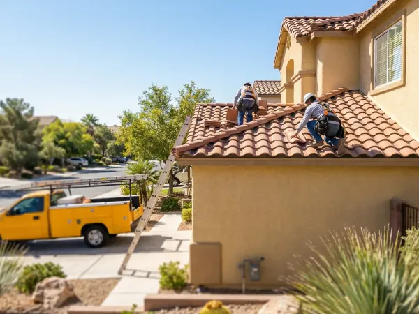 Professional roofer installing clay tile roofing on a Henderson NV home with desert landscape and blue sky background
