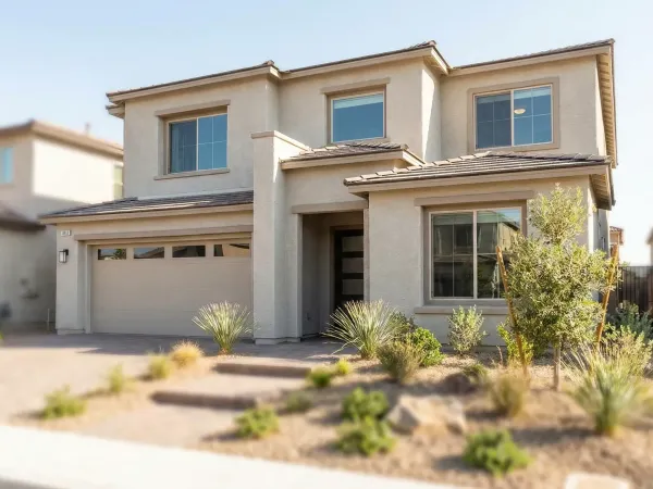 Real estate agent showing a modern master-planned home exterior to a couple in Henderson, NV