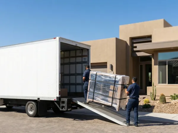 Professional moving company truck and uniformed movers loading furniture from a Henderson master-planned home, NV