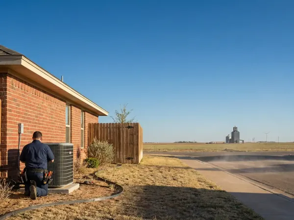 Professional HVAC technician servicing a central air conditioning unit outside a brick ranch home in Lubbock, TX under a bright West Texas sky