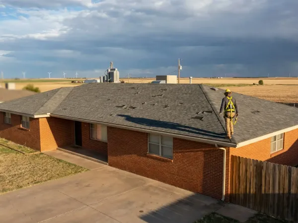 Lubbock roofing contractor inspecting hail-damaged shingles on a red brick ranch home in West Texas with storm clouds visible in the background