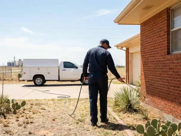 Pest control technician treating the foundation perimeter of a brick ranch home in Lubbock, TX with professional spray equipment under a clear West Texas sky