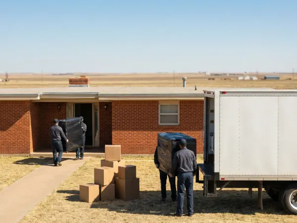 Professional moving crew loading truck in a Lubbock, TX neighborhood with West Texas sky