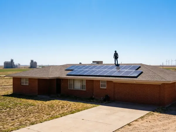 Solar panel installation on a red brick ranch home in Lubbock, TX with bright West Texas sky