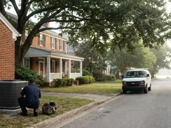 Professional HVAC technician servicing a heat pump at a brick Colonial Revival home in Norfolk's Ghent neighborhood, VA