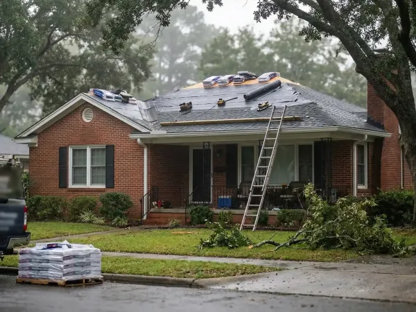 Roofing crew installing architectural shingles on a 1940s brick bungalow in Norfolk's Larchmont neighborhood after a nor'easter storm